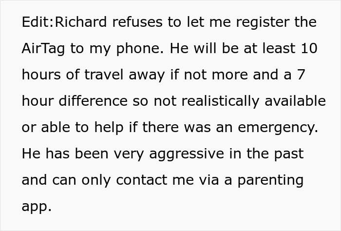 Text discussing refusal to register an AirTag and issues with tracking during a mom’s Europe trip with her 8-year-old son.