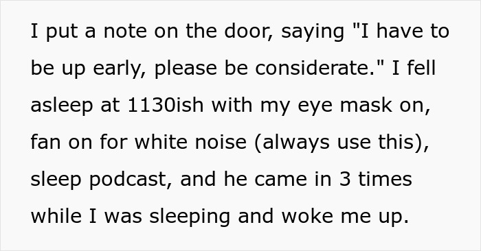 Text describing struggles of proper sleep deprivation caused by boyfriend, leading to frustration and considering hotel stay.