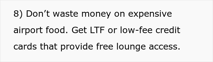 Tip about saving on airport food by using low-fee credit cards with free lounge access for affordable flights. Tip about saving on airport food by using low-fee credit cards with free lounge access for affordable flights.