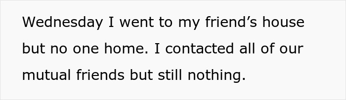 Text message about visiting a friend's empty home and failing to contact mutual friends, related to babysitting disappearance. Text message about visiting a friend's empty home and failing to contact mutual friends, related to babysitting disappearance.