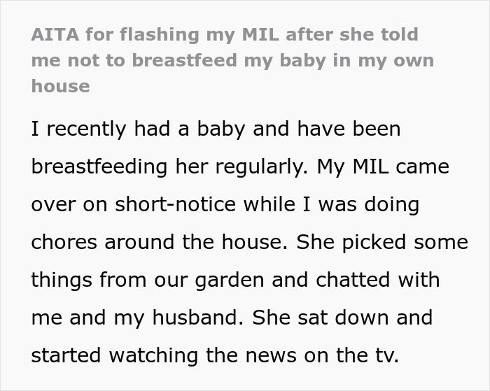 Text discussing a woman breastfeeding in front of her mother-in-law and their ensuing conversation. Text discussing a woman breastfeeding in front of her mother-in-law and their ensuing conversation.
