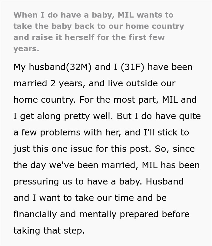Text excerpt discussing concerns over MIL's comment about taking the baby to her home country. Text excerpt discussing concerns over MIL's comment about taking the baby to her home country.