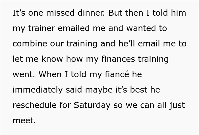 Text message about missed dinner and rescheduling with fiancé, hinting at underlying motives and fiancee's concerns. Text message about missed dinner and rescheduling with fiancé, hinting at underlying motives and fiancee's concerns.