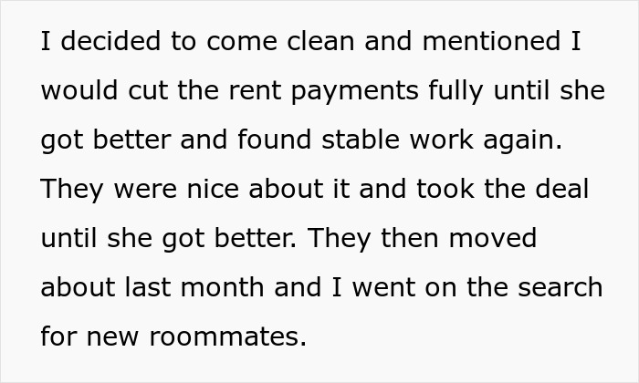 Text screenshot discussing roommates and landlord situation. Text screenshot discussing roommates and landlord situation.