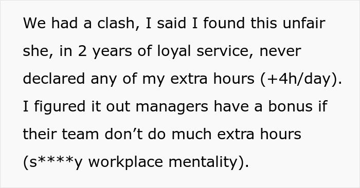 Text about manager behavior highlighting unfairness and extra work issues in workplace culture. Text about manager behavior highlighting unfairness and extra work issues in workplace culture.