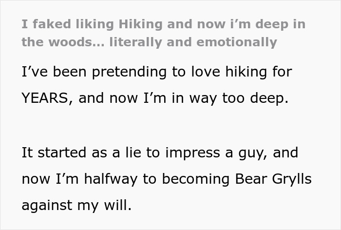 Text about a woman pretending to enjoy hiking but feels she's in too deep. Text about a woman pretending to enjoy hiking but feels she's in too deep.