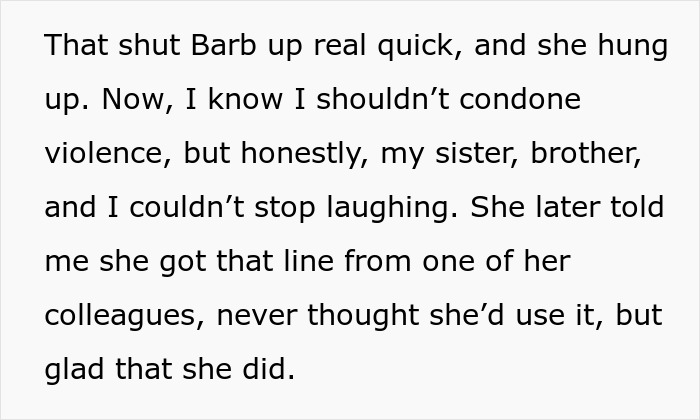 Text excerpt about a woman laughing after a conversation demanding trip payment despite not being invited to a wedding. Text excerpt about a woman laughing after a conversation demanding trip payment despite not being invited to a wedding.