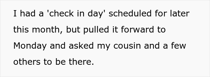 Text discussing a rescheduled check-in day involving family and others. Text discussing a rescheduled check-in day involving family and others.