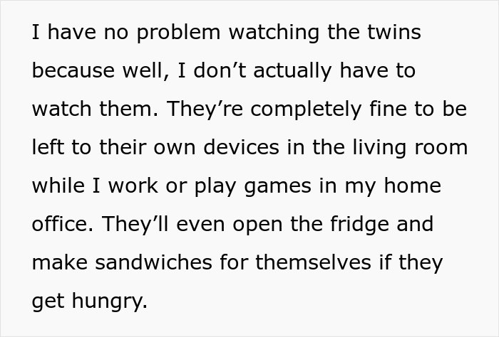 Text excerpt discussing watching twins while working from home, mentioning their independence. Text excerpt discussing watching twins while working from home, mentioning their independence.