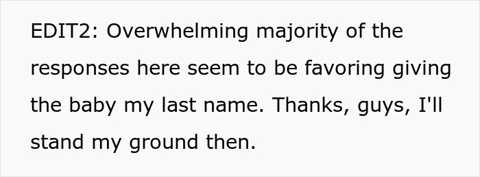 Text discussing the majority favoring the baby having his last name, related to marriage and naming issues. Text discussing the majority favoring the baby having his last name, related to marriage and naming issues.