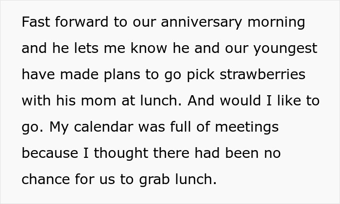 Text about a husband planning an anniversary date with his mom instead of his wife, causing tension. Text about a husband planning an anniversary date with his mom instead of his wife, causing tension.