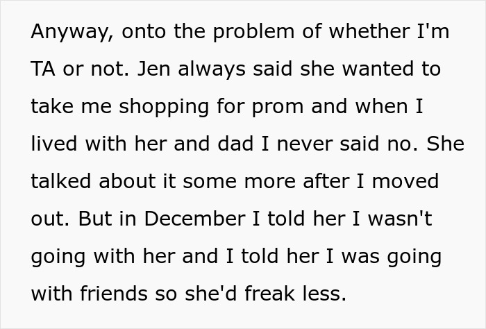 Text discussing prom shopping with stepmom, revealing tension about going with friends instead. Text discussing prom shopping with stepmom, revealing tension about going with friends instead.