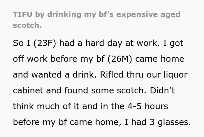 Woman drinks aged scotch, unaware of $500 cost, plans to replace it. Woman drinks aged scotch, unaware of $500 cost, plans to replace it.