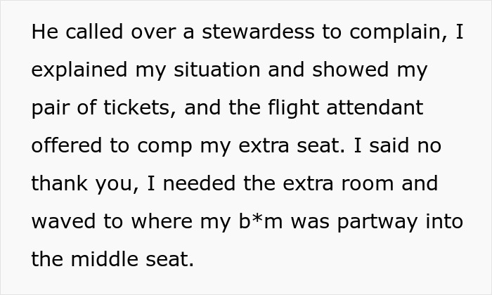 Text about a woman explaining to a stewardess why she needs two plane seats and declining an offer to compensate one. Text about a woman explaining to a stewardess why she needs two plane seats and declining an offer to compensate one.