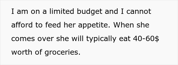 Text about a woman confronting a friend who eats $60 of groceries due to her budget constraints. Text about a woman confronting a friend who eats $60 of groceries due to her budget constraints.