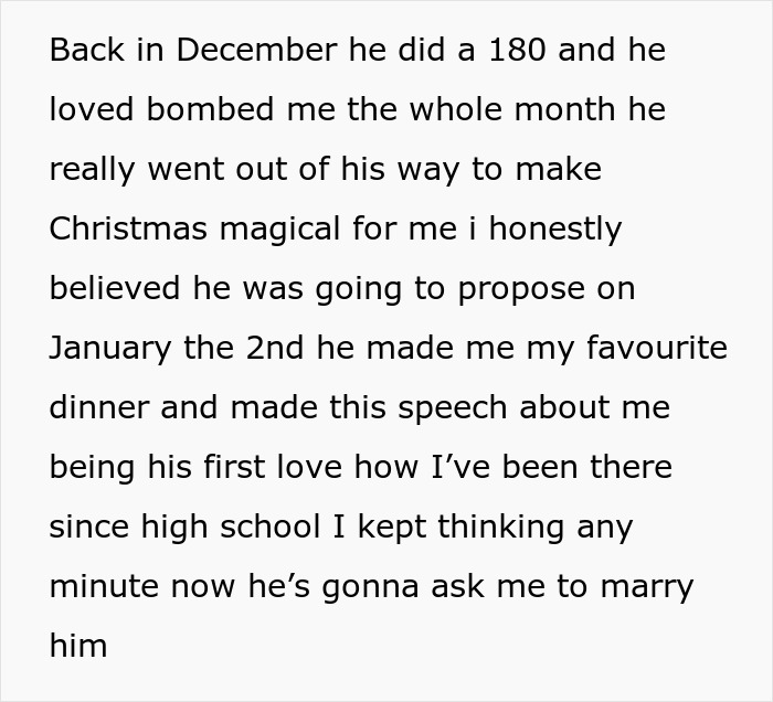 Text about a woman being love-bombed by her ex during the holidays, expecting a proposal. Text about a woman being love-bombed by her ex during the holidays, expecting a proposal.