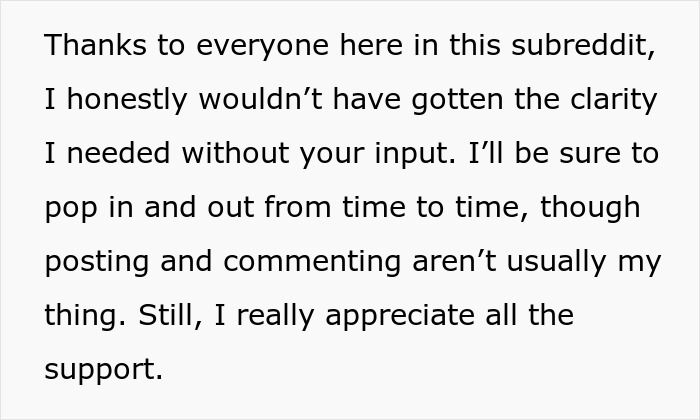 Text expressing gratitude for subreddit support in gaining clarity. Text expressing gratitude for subreddit support in gaining clarity.