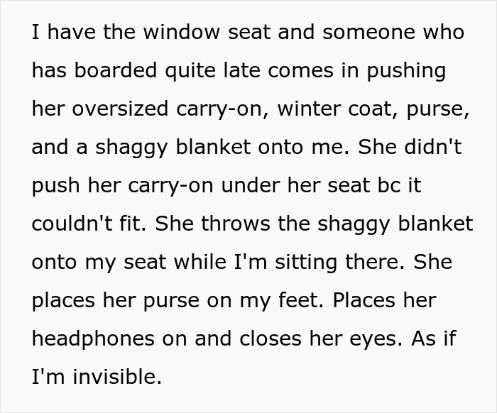 A rude plane passenger piles belongings on a woman's seat, ignoring her presence. A rude plane passenger piles belongings on a woman's seat, ignoring her presence.