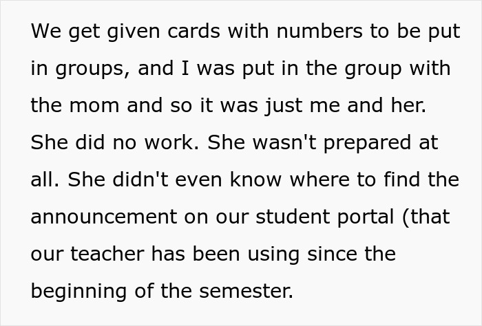 Text about mom attending college with her child, group project issues. Text about mom attending college with her child, group project issues.