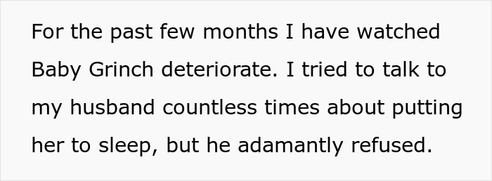 Text describing a woman's struggle over a dying dog's suffering as her husband clings to hope. Text describing a woman's struggle over a dying dog's suffering as her husband clings to hope.