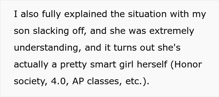 Text statement about a son’s grades slipping, dad explains the situation to son's girlfriend, who is academically accomplished. Text statement about a son’s grades slipping, dad explains the situation to son's girlfriend, who is academically accomplished.