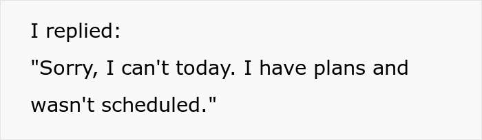 Text discussing team dynamics, with a response about prior plans and unscheduled workdays. Text discussing team dynamics, with a response about prior plans and unscheduled workdays.