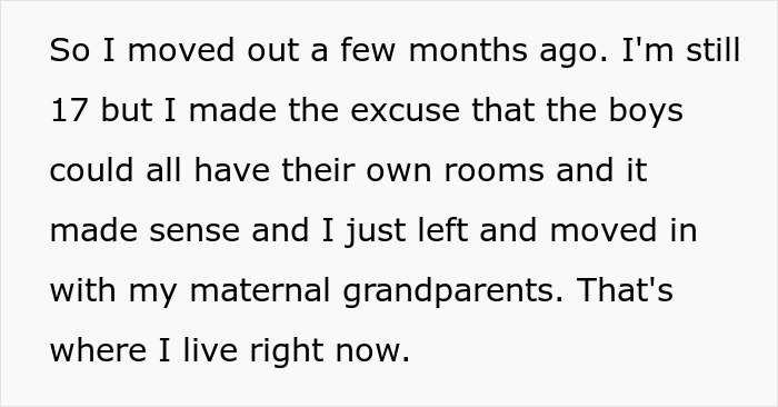 Text excerpt about a 17-year-old moving out, related to a stepmom's affair and resulting karma. Text excerpt about a 17-year-old moving out, related to a stepmom's affair and resulting karma.