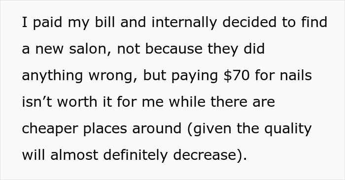 Text about deciding to find a new nail salon due to high prices. Text about deciding to find a new nail salon due to high prices.