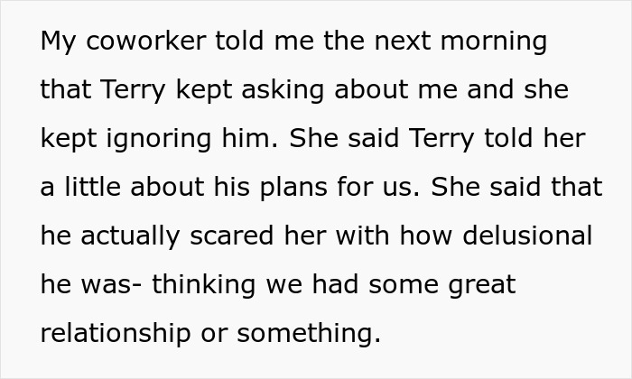 Text detailing a woman hearing about a delusional client’s plans, causing unease. Text detailing a woman hearing about a delusional client’s plans, causing unease.