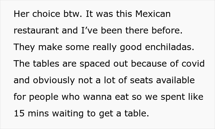 Text about a visit to a Mexican restaurant, mentioning enchiladas and table spacing due to COVID-19. Text about a visit to a Mexican restaurant, mentioning enchiladas and table spacing due to COVID-19.