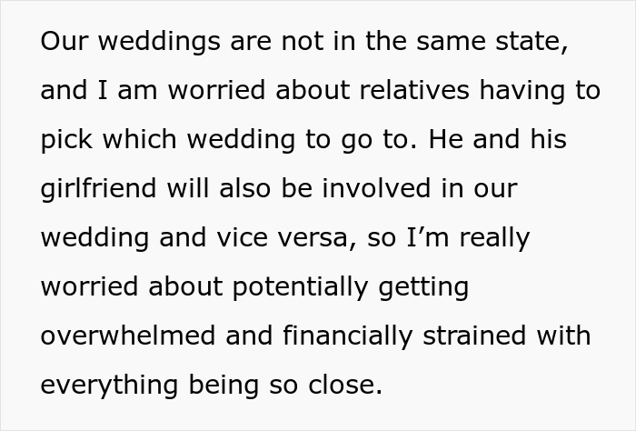 Text image discussing sibling wedding scheduling conflicts and financial concerns. Text image discussing sibling wedding scheduling conflicts and financial concerns.