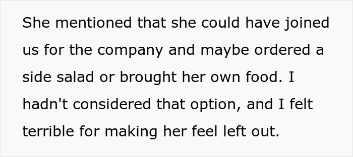 Text about a coworker feeling excluded from a BBQ due to her diet, realizing alternatives were possible. Text about a coworker feeling excluded from a BBQ due to her diet, realizing alternatives were possible.