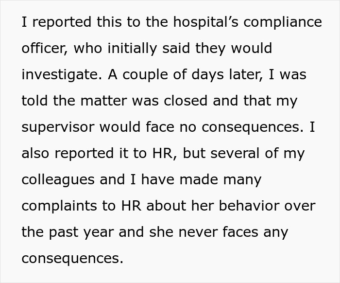 Text discussing a canceled doctor's appointment, reporting to HR, and lack of consequences for a boss. Text discussing a canceled doctor's appointment, reporting to HR, and lack of consequences for a boss.