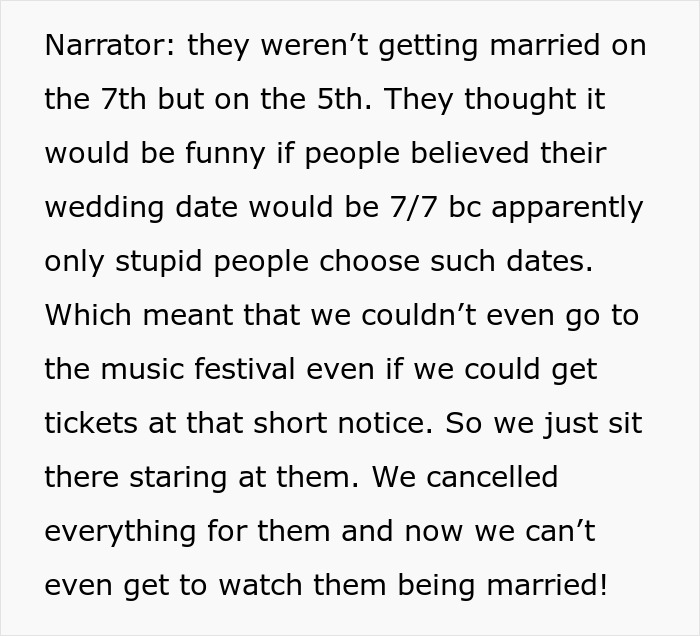 Text about how a couple canceled vacation for a wedding, but got excluded from the ceremony. Text about how a couple canceled vacation for a wedding, but got excluded from the ceremony.