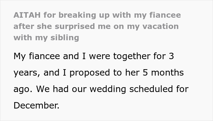Text on a breakup after a woman crashes fiancé's family vacation, noting a planned December wedding. Text on a breakup after a woman crashes fiancé's family vacation, noting a planned December wedding.