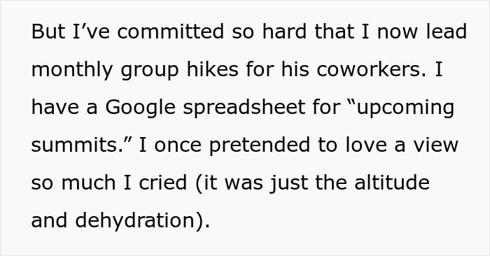 Text detailing a woman leading group hikes, initially faked interest in hiking, now manages hiking schedules. Text detailing a woman leading group hikes, initially faked interest in hiking, now manages hiking schedules.