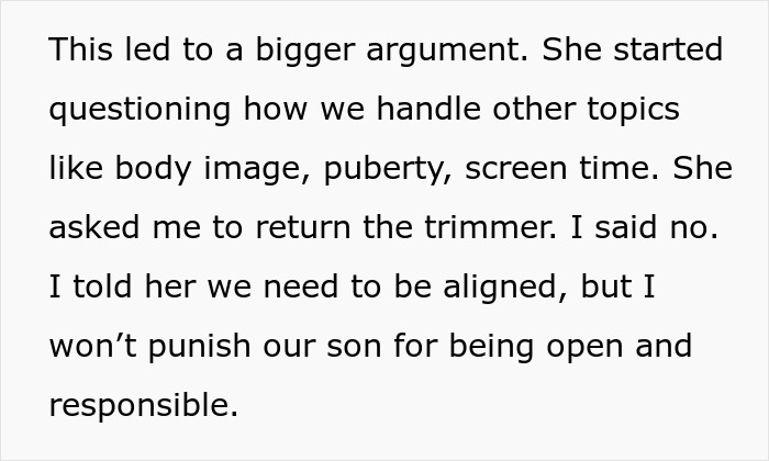 Alt text: Father and son having a serious conversation about grooming and responsibility during a tense moment. Alt text: Father and son having a serious conversation about grooming and responsibility during a tense moment.