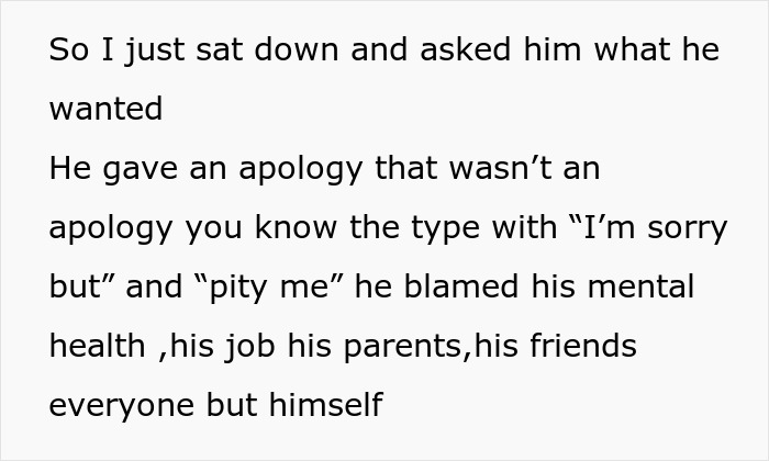 Text exchange about an apology lacking sincerity with blame on others, reflecting a woman's frustration after being dumped. Text exchange about an apology lacking sincerity with blame on others, reflecting a woman's frustration after being dumped.