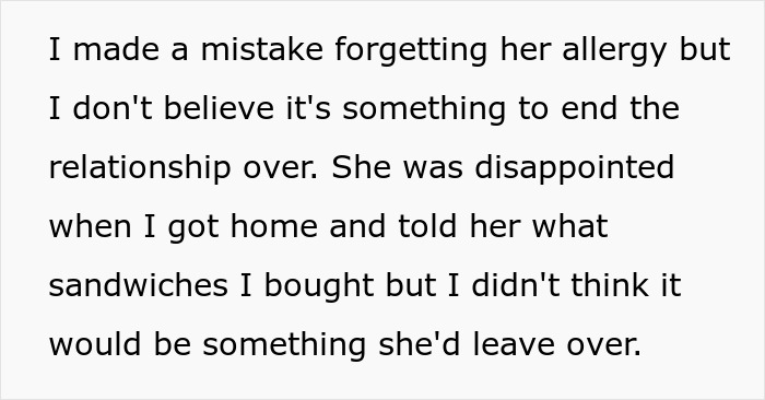 Text discussing a fiancée reconsidering relationship due to sandwich choice and an allergy mistake.