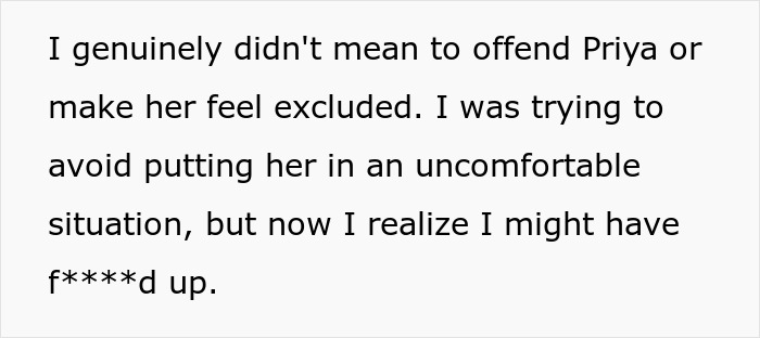 Text from a manager about excluding a coworker from a BBQ due to diet, and realizing the mistake. Text from a manager about excluding a coworker from a BBQ due to diet, and realizing the mistake.