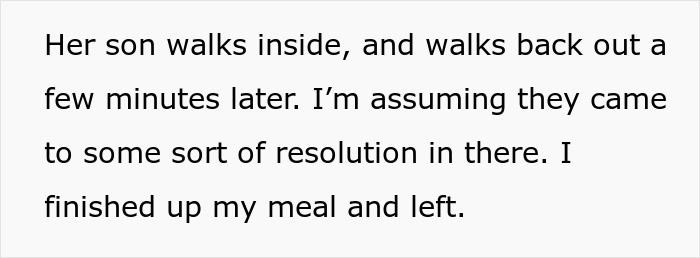 Text description on resolving a situation inside a restaurant before leaving. Text description on resolving a situation inside a restaurant before leaving.