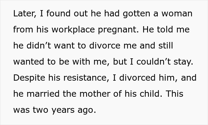 Text describing a man who cheats on his wife, resulting in a workplace pregnancy and divorce. Text describing a man who cheats on his wife, resulting in a workplace pregnancy and divorce.