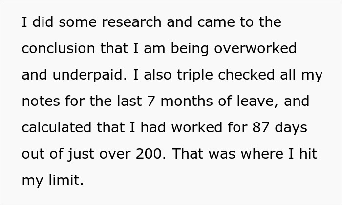 Text image about a woman's decision on maternity leave after feeling overworked. Text image about a woman's decision on maternity leave after feeling overworked.