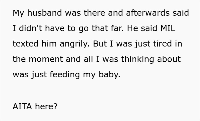 Text about a husband mentioning MIL's angry text and a mother prioritizing breastfeeding her baby. Text about a husband mentioning MIL's angry text and a mother prioritizing breastfeeding her baby.