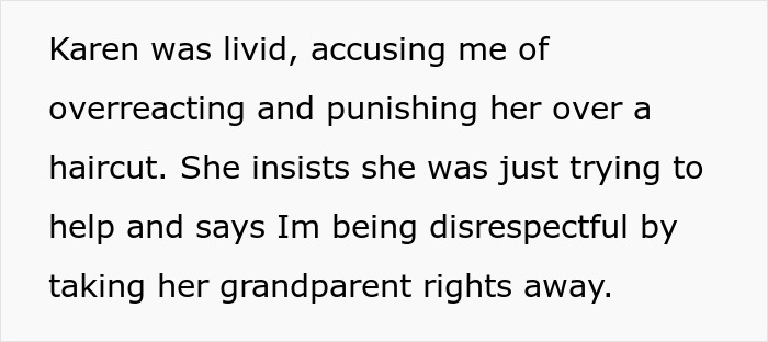 Text from an article about an MIL cutting a child’s hair without permission, leading to babysitting ban. Text from an article about an MIL cutting a child’s hair without permission, leading to babysitting ban.