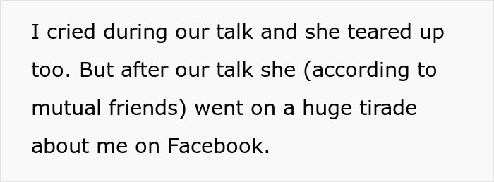 Text message recounts a tearful talk, followed by a Facebook tirade. Text message recounts a tearful talk, followed by a Facebook tirade.