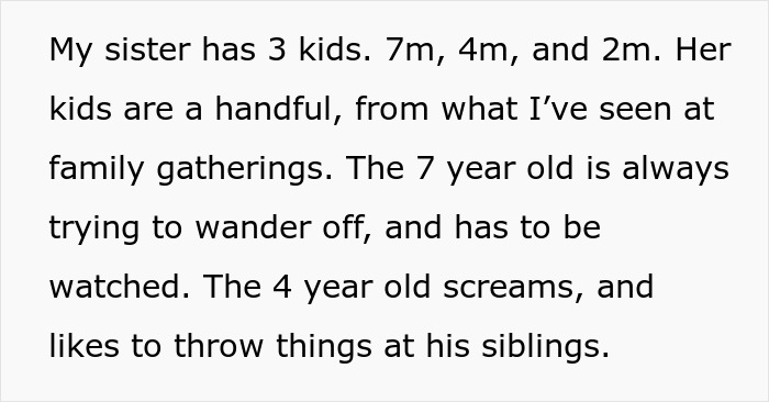 Text about woman babysitting sister's kids, 7m, 4m, 2m, highlighting challenges with the children's behavior. Text about woman babysitting sister's kids, 7m, 4m, 2m, highlighting challenges with the children's behavior.
