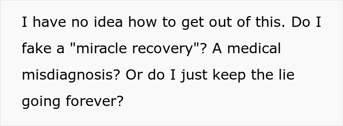 Text discussing dilemma of faking an allergy with questions about continuing the lie or fabricating a recovery. Text discussing dilemma of faking an allergy with questions about continuing the lie or fabricating a recovery.