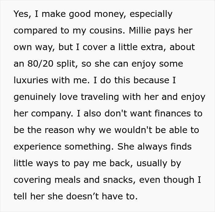 Text describing a woman discussing her financial support for her cousin during trips. Text describing a woman discussing her financial support for her cousin during trips.