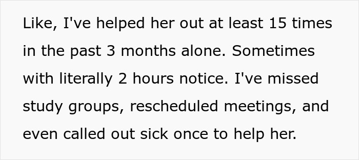 Text about babysitting sister's kids with short notice, missing work and study groups to help her out. Text about babysitting sister's kids with short notice, missing work and study groups to help her out.